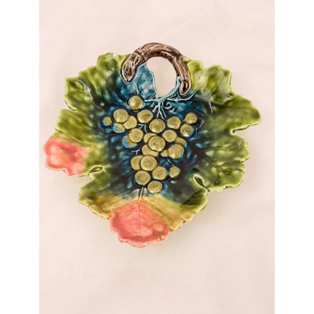 Vintage Majolica Grape Leaf Dish Basket Vine Handle Mold 1734 Green Blue Pink